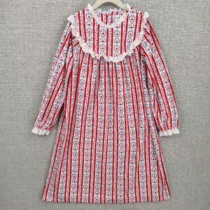 Lanz Kids Nightgown Pj Sleep Shirt Flannel Long Sleeve Red‎ Stripe Floral Sz 6/7